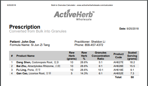 print bulk to granules calculated result