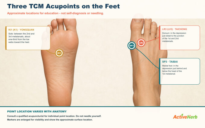 Three TCM Acupoints on the Feet