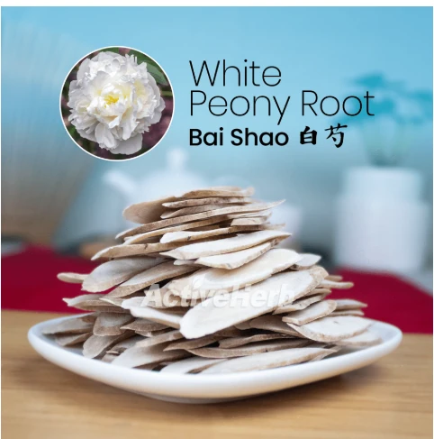 White Peony Root (Bai Shao) slices displayed on a plate with a white peony flower inset.