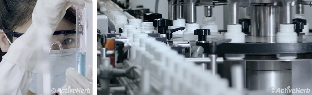 Scientist working with a test tube. Guang Ci Tang bottles being filled with product.